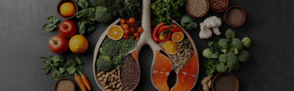 A vibrant assortment of immune-boosting foods, including citrus fruits, leafy greens, yogurt, and salmon, arranged on a rustic table.